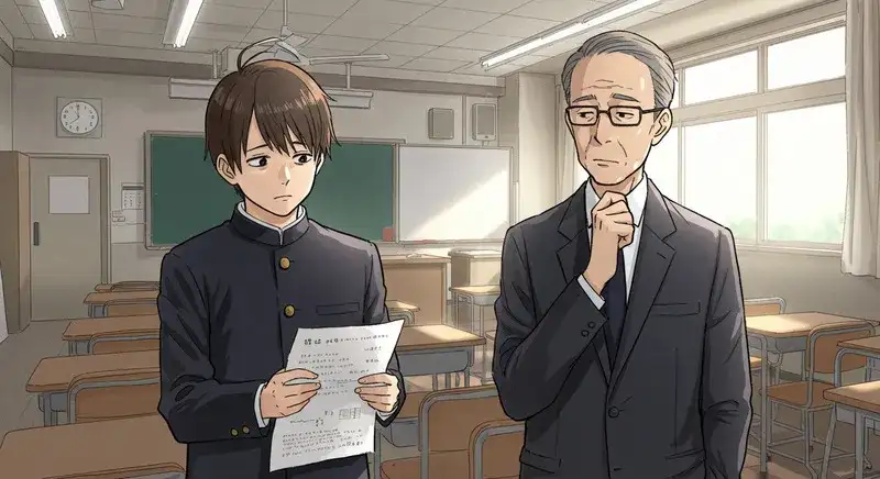 教室で日本人の学生がテスト用紙に『着いていく』と誤って書き、困惑している