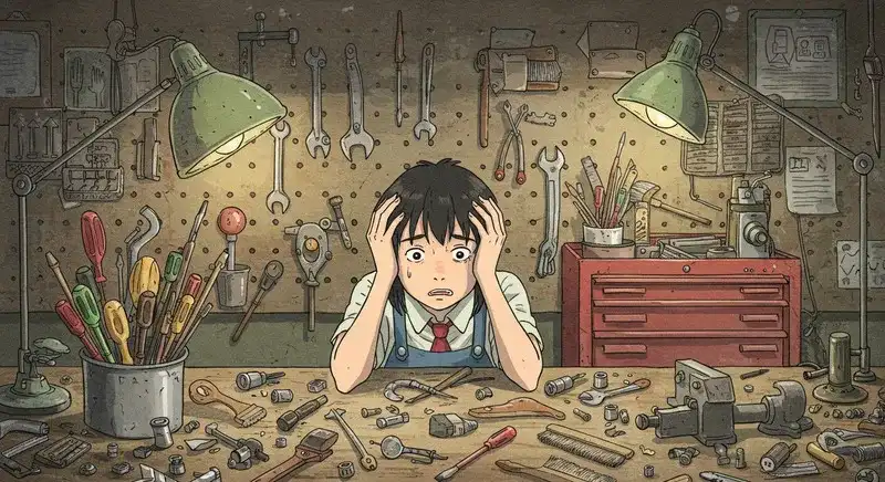 多くの道具の前で頭を抱える人物