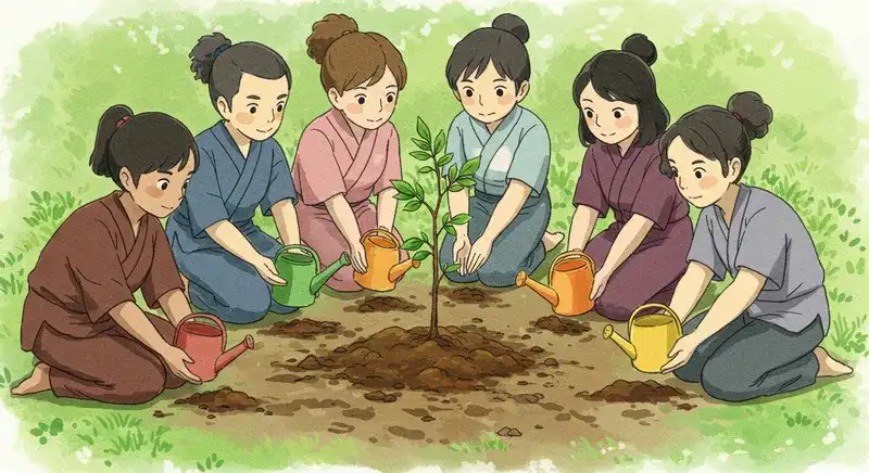 輪になって苗木を大切に世話する人々