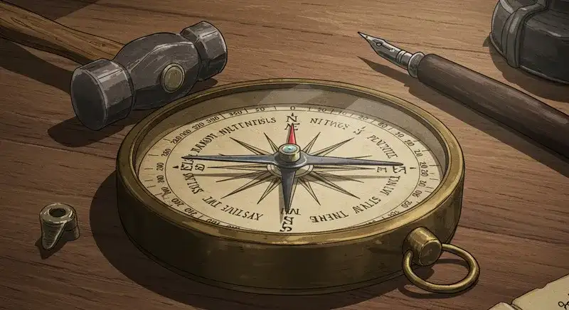 トンカチと羽ペンの間を指す羅針盤