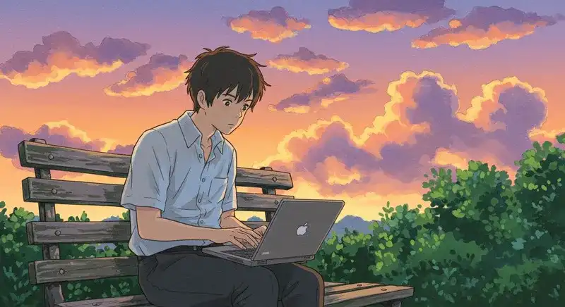 夕焼けの中でパソコンを見つめる男性