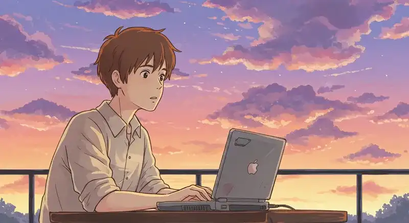 夕焼けの中でパソコンを見つめる男性