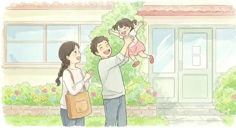 保育園で子どもと向き合う夫婦