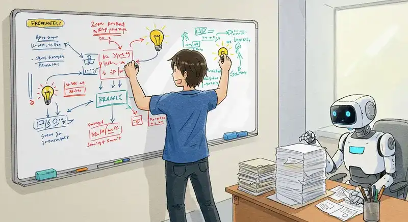 複雑なマインドマップをエネルギッシュに描いている