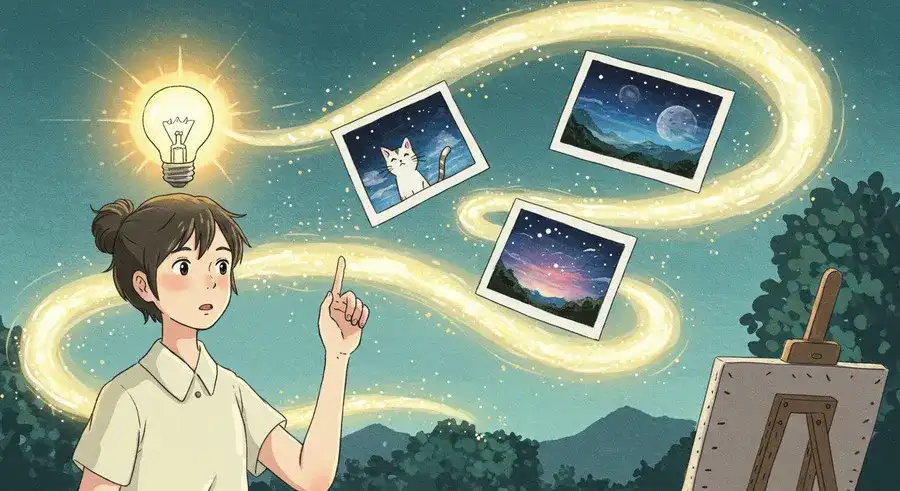 3枚の画像からAIが新しい画像を生成する様子。