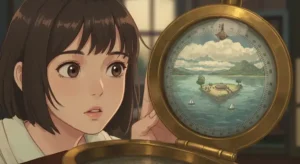 羅針盤でAIイラスト自動生成サイトを比較する少女。-