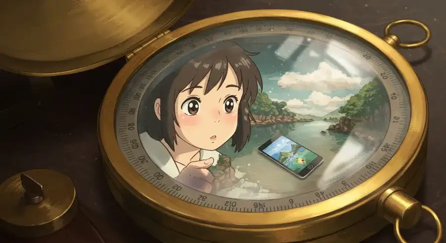 羅針盤でAIイラスト自動生成サイトを比較する少女。-