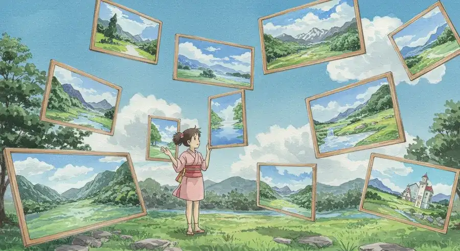 AI漫画サイトでコマ割りを考える少女のイラスト-