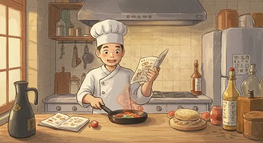 レシピ本を見て料理するシェフ-resized