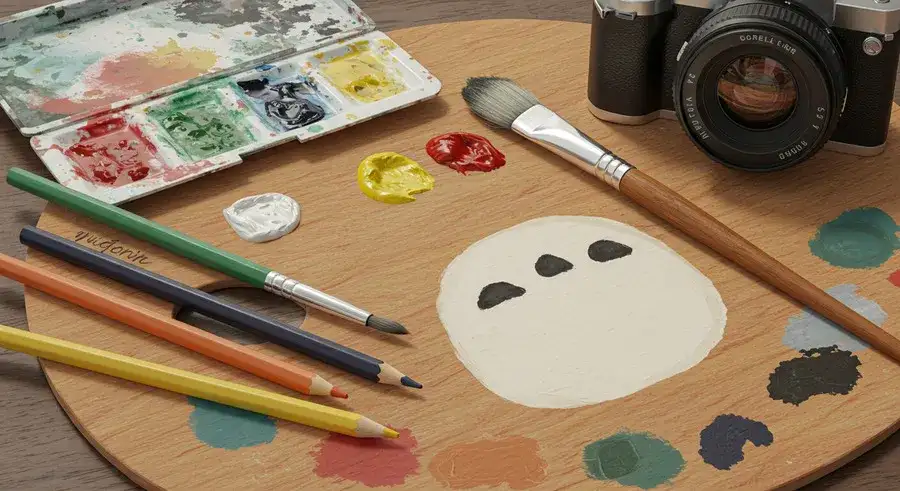 パレットの上の画材とレンズ-resized