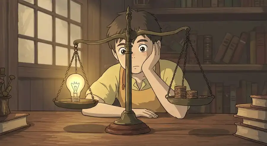 アイデアと料金を天秤にかける人物-