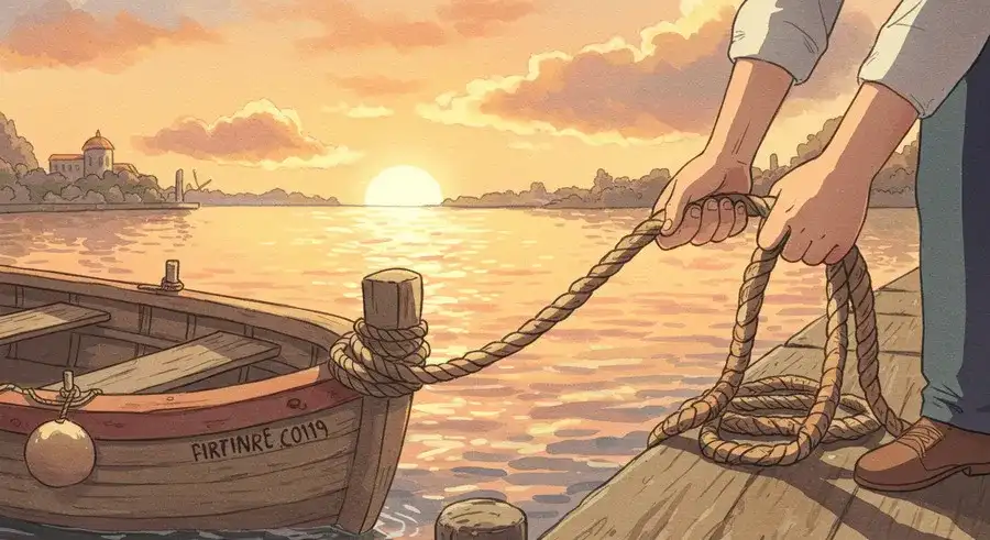 港で船のロープを簡単にするりと解く様子-