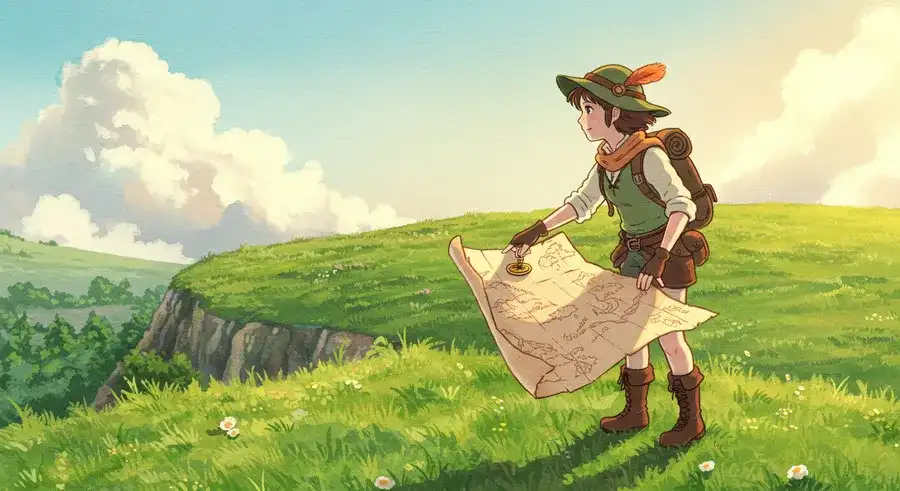 地図とコンパスで進むべき道を探す冒険者-