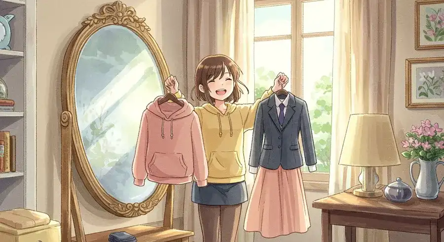 鏡の前で自分に合う服を選ぶ女性-