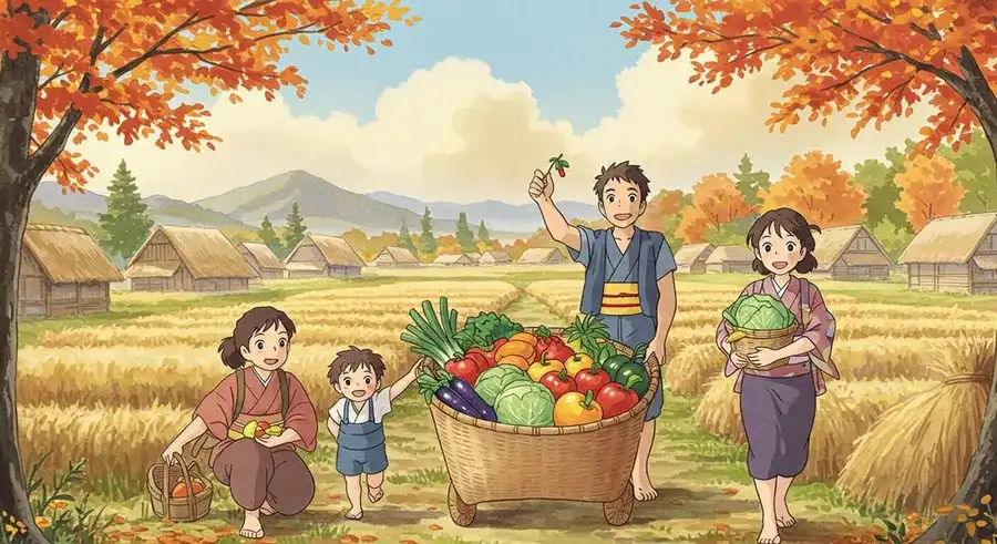 畑でたくさんの野菜を収穫する家族-