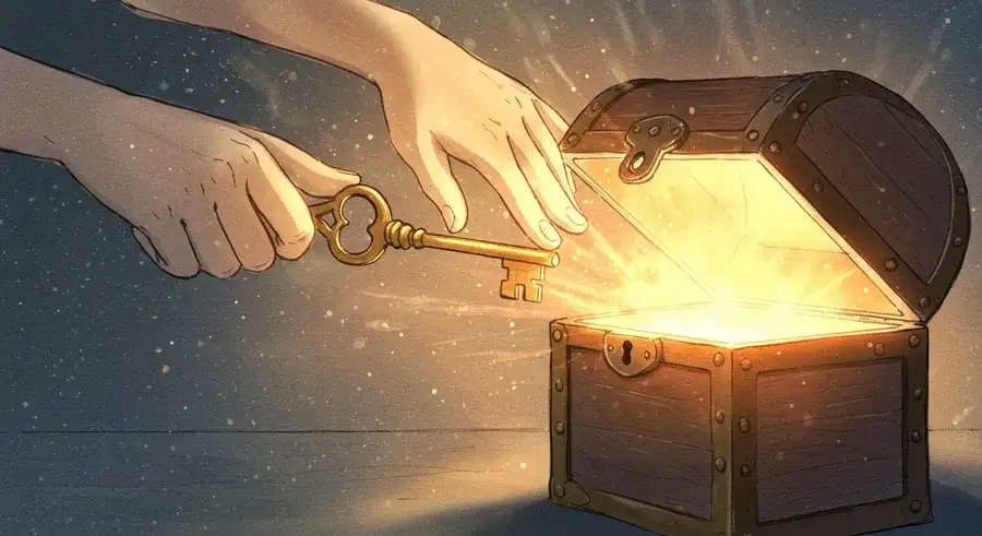 鍵で宝箱を開け光が溢れる様子-