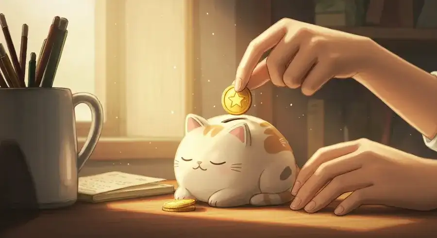 輝くコインを貯金箱に入れる様子-