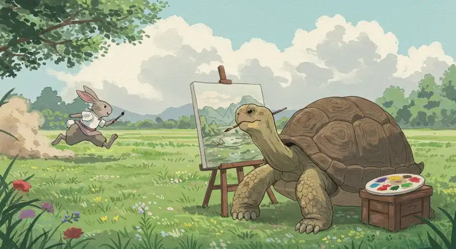 ゆっくり絵を描く亀と急ぐウサギ-