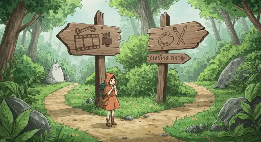 分かれ道と道標を見つめる旅人-