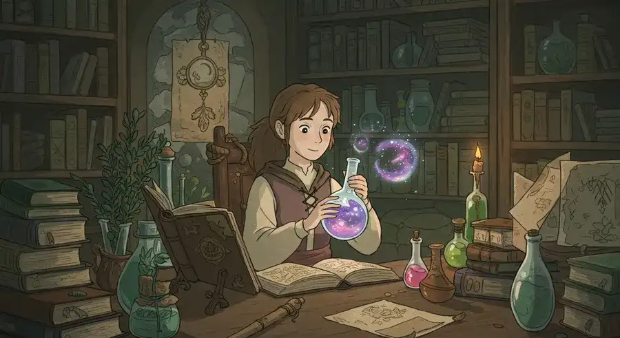 レシピ本を見ながら魔法薬を作る少女-