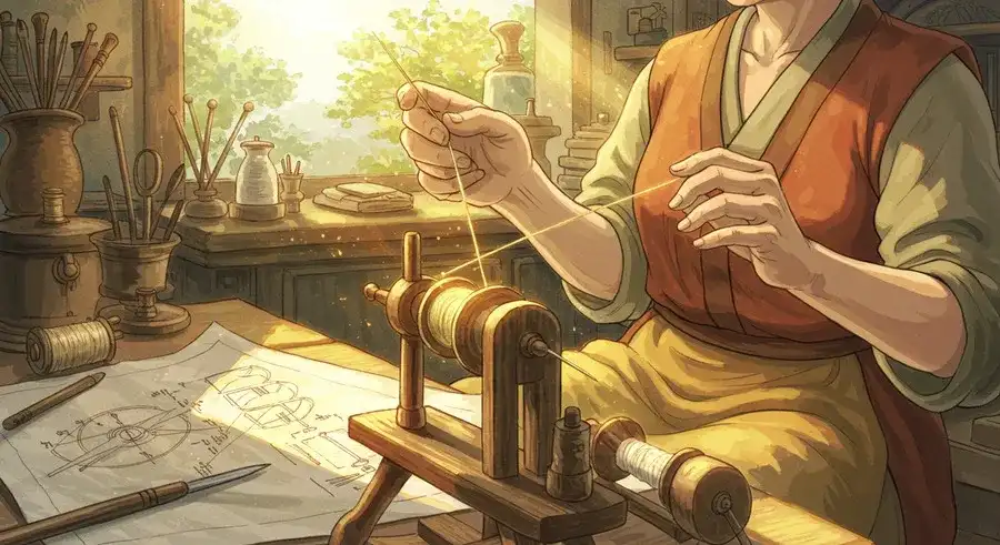 設計図を見ながら金の糸を紡ぐ職人-