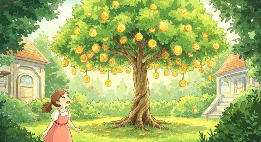 コインが実る木と喜ぶ少女-