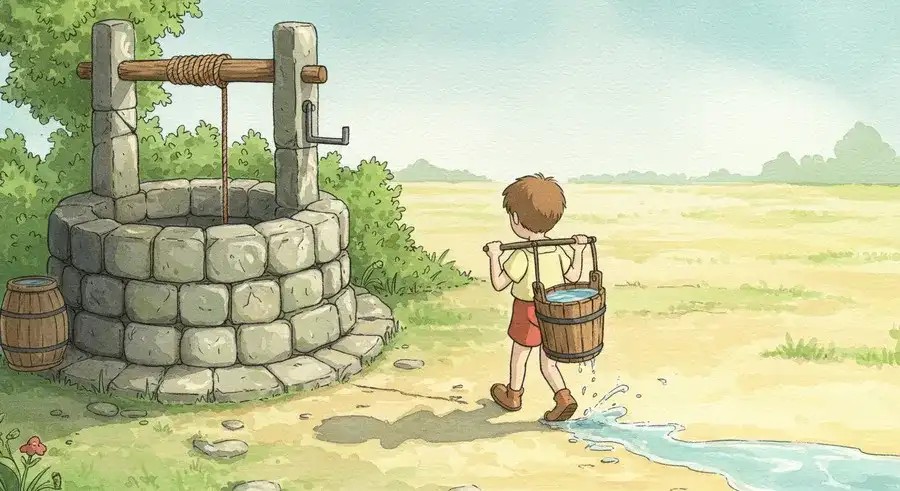 穴の開いたバケツから水が漏れる様子-