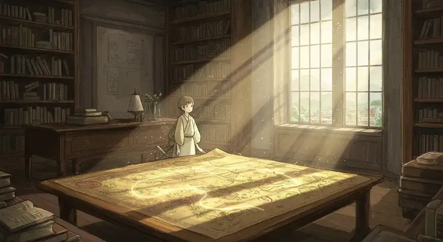 光差す図書館で、CursorとObsidianの使い方の地図を広げる人物。