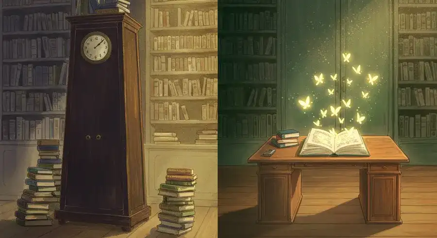 Obsidianの保管庫とCursorの実行環境を表現した本棚と作業机。